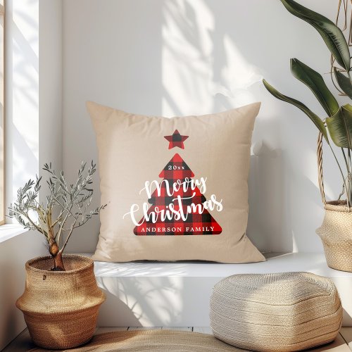 Buffalo Plaid Christmas Tree Whimsical Script Throw Pillow