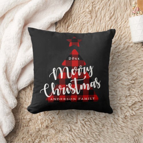 Buffalo Plaid Christmas Tree Whimsical Script Throw Pillow