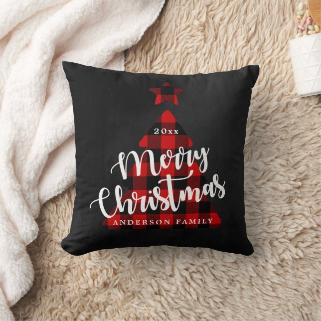 Buffalo Plaid Christmas Tree Whimsical Script Throw Pillow (Blanket)