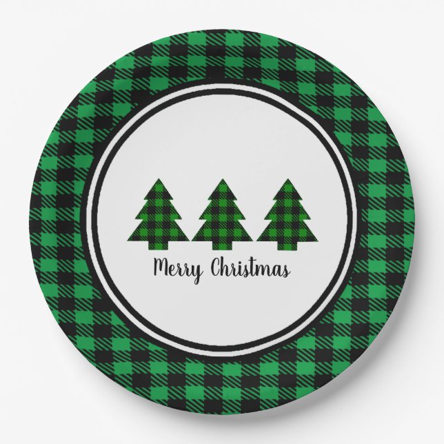 Buffalo Plaid Christmas Trees and Border Paper Plates (Front)