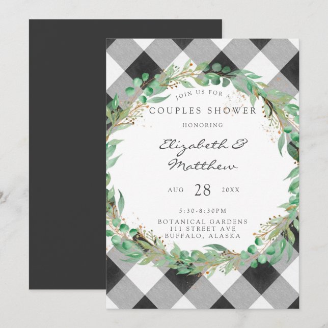 Buffalo Plaid Christmas Wreath Gold Couples Shower Invitation (Front/Back)