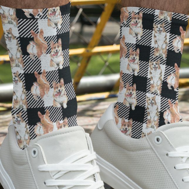 Buffalo Plaid Corgi Dog Watercolor   Socks (Creator Uploaded)