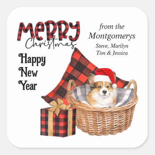 Buffalo Plaid Corgi Puppy Christmas Square Sticker