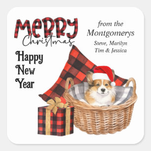 Buffalo Plaid Corgi Puppy Christmas Square Sticker