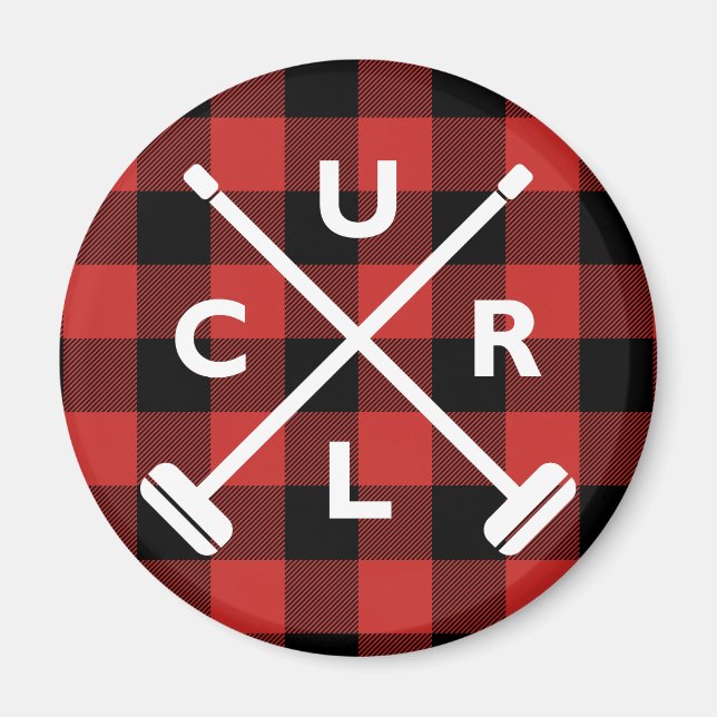 Buffalo Plaid Crossed Brooms Magnet - Red (Front)