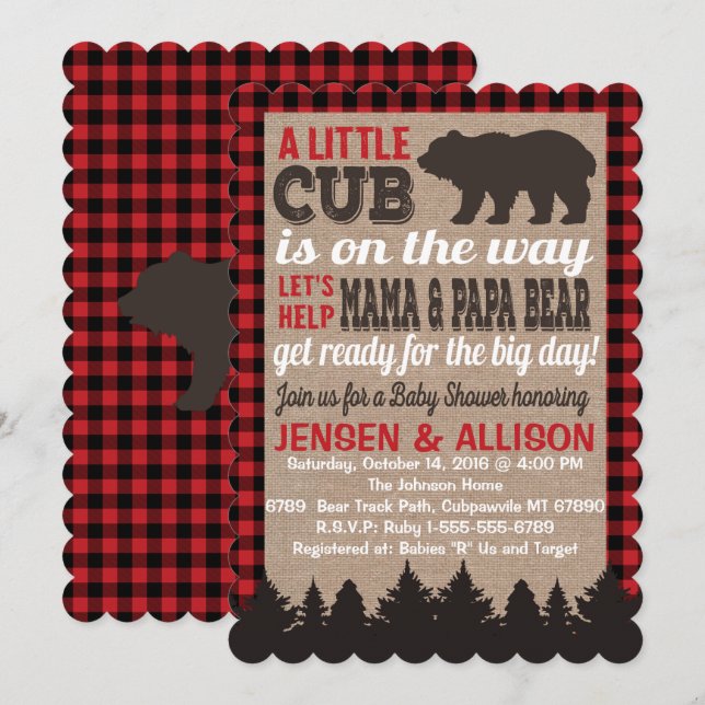 Buffalo Plaid Cub Baby Shower Invitation (Front/Back)