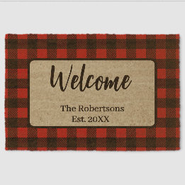Buffalo Plaid Custom Family Name Autumn Welcome Fiber Doormat