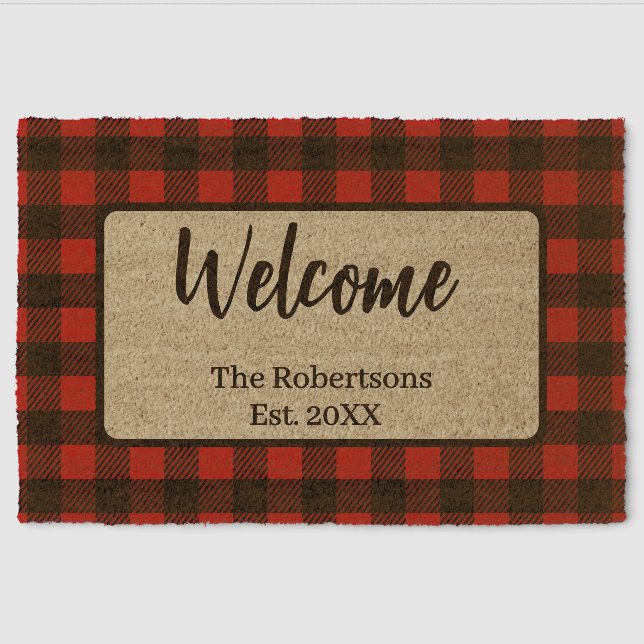 Buffalo Plaid Custom Family Name Autumn Welcome Fiber Doormat (Front)