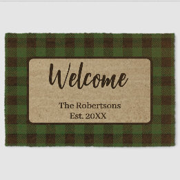 Buffalo Plaid Custom Family Name Autumn Welcome Fiber Doormat