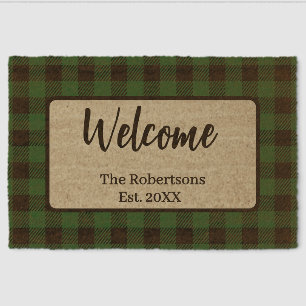 Buffalo Plaid Custom Family Name Autumn Welcome Fiber Doormat
