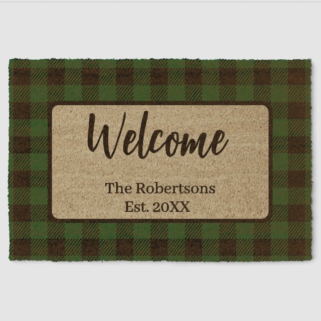 Buffalo Plaid Custom Family Name Autumn Welcome Fiber Doormat (Front)