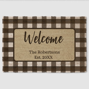 Buffalo Plaid Custom Family Name Autumn Welcome Fiber Doormat