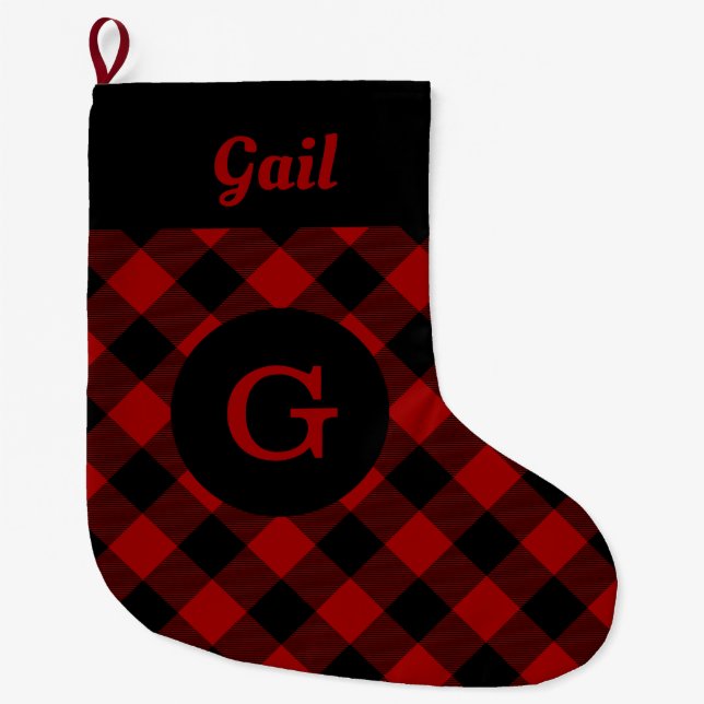 Buffalo Plaid Custom Name and Monogram Large Christmas Stocking (Front)