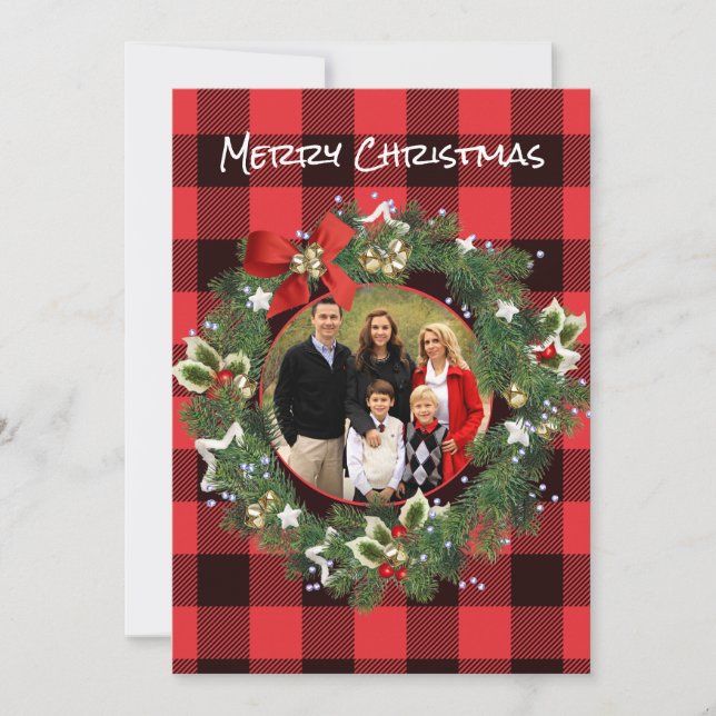 Buffalo Plaid Custom Photo Christmas Wreath Holiday Card (Front)