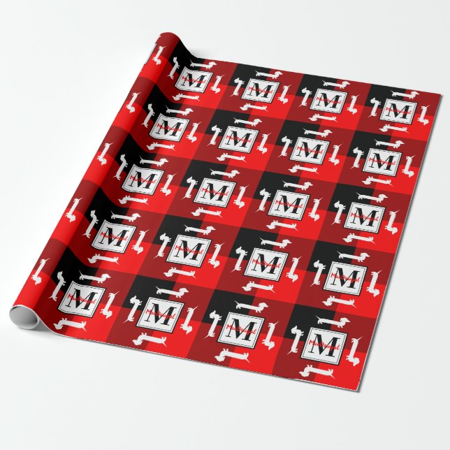 Buffalo Plaid Dachshund Christmas Monogram Wrapping Paper (Unrolled)