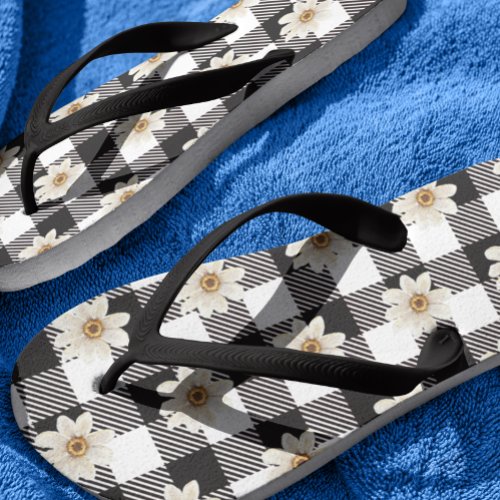 Buffalo Plaid Daisy  Black White   Flip Flops