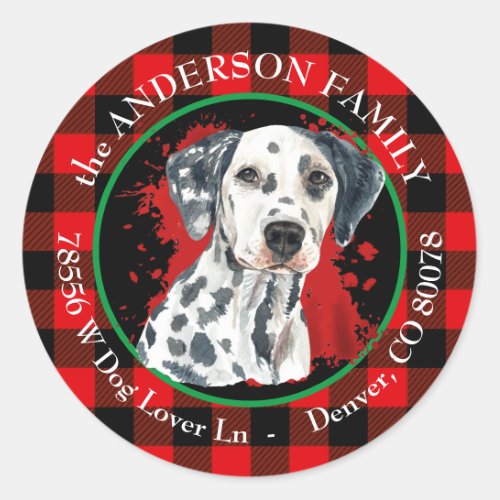 Buffalo Plaid Dalmatian Dog Return Address Classic Round Sticker