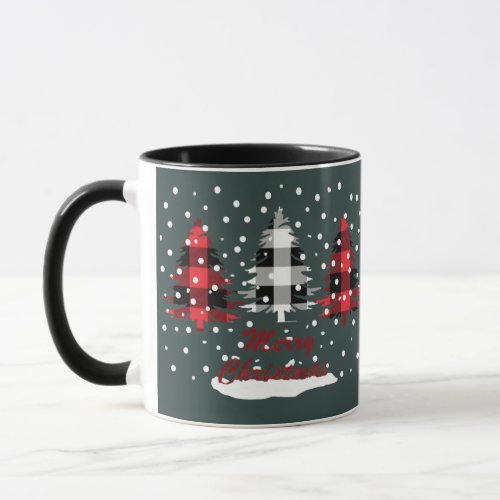 buffalo plaid decorated christmas pine trees mug