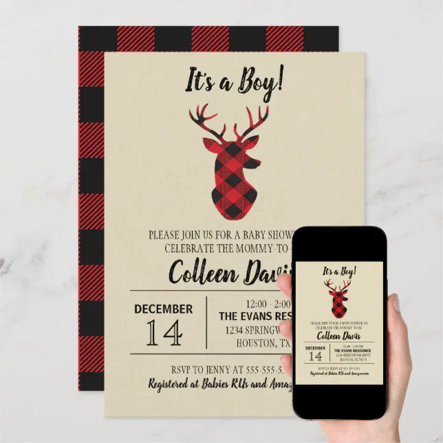 Buffalo Plaid Deer Baby Shower Invitation | Zazzle