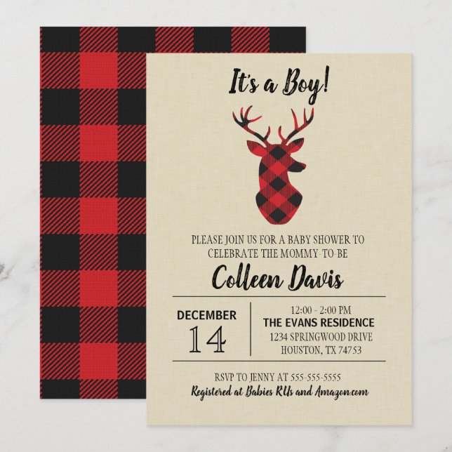 Buffalo Plaid Deer Baby Shower Invitation (Front/Back)