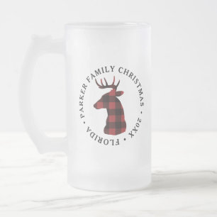 Buffalo Plaid Deer Christmas Frosted Glass Beer Mug