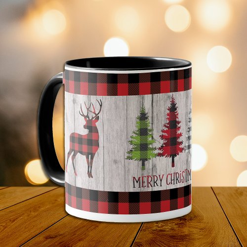 Buffalo Plaid Deer Christmas Trees on Wood Mug