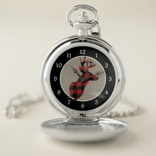 Buffalo Plaid Deer Head Pocket Watch