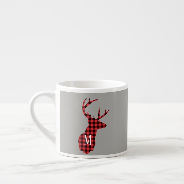 Buffalo Plaid Deer Head Red Black Monogram  Espresso Cup (Left)