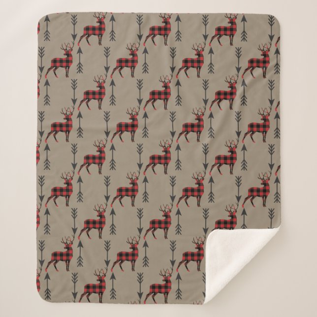 Buffalo Plaid Deer on Tan Sherpa Blanket (Front)