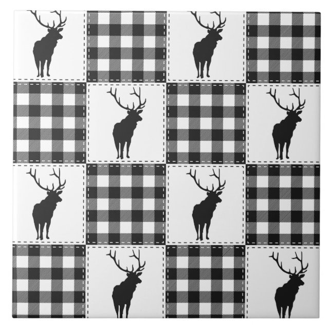 Buffalo Plaid Deer Rustic Woodland Pattern Ceramic Tile (Front)