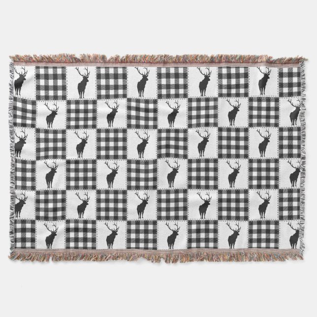 Buffalo Plaid Deer Rustic Woodland Pattern Throw Blanket (Front)