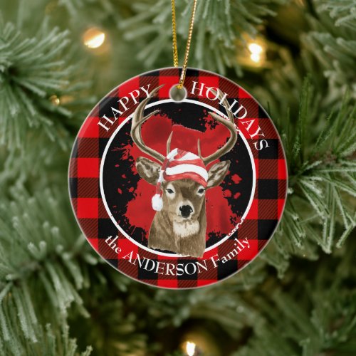 Buffalo Plaid Deer Santa Hat Ceramic Ornament