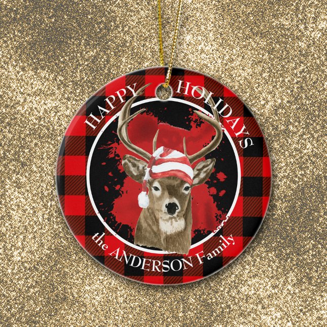 Buffalo Plaid Deer Santa Hat Ceramic Ornament (Creator Uploaded)