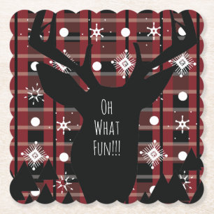 Buffalo Plaid Deer Snowflakes Christmas Party  Paper Coaster