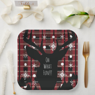 Buffalo Plaid Deer Snowflakes Christmas Party Paper Plates