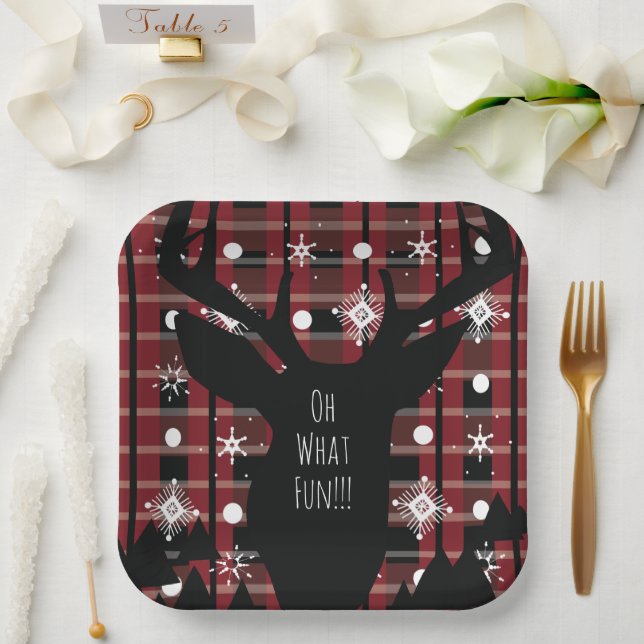 Buffalo Plaid Deer Snowflakes Christmas Party Paper Plates (Wedding)