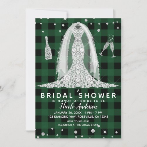 Buffalo Plaid Diamond Wedding Dress Bridal Shower Invitation