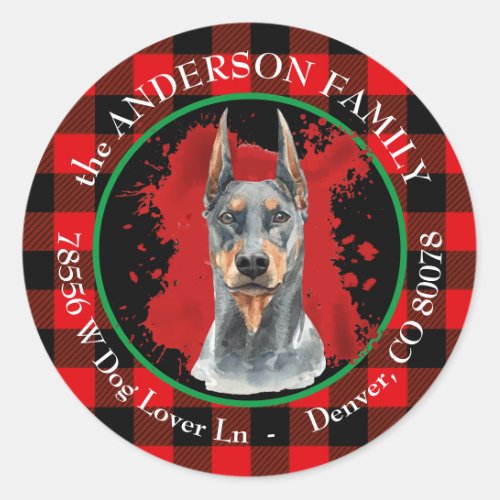 Buffalo Plaid Doberman Pinscher Return Address Classic Round Sticker