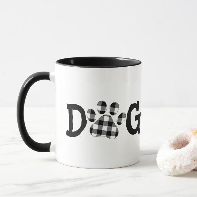 Buffalo Plaid Dog Mom Pawprints  Mug (With Donut)