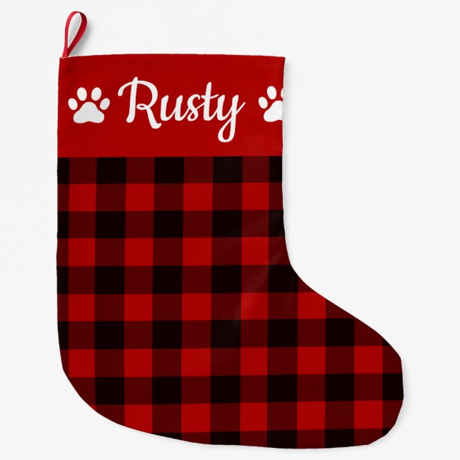 Buffalo Plaid Dog Name and Paws Large Christmas Stocking (Front)