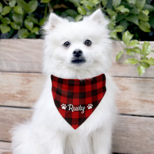 Buffalo Plaid Dog Name and Paws Pet Bandana Collar