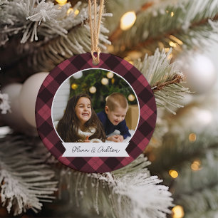 Buffalo Plaid Double Sided Personalized Photo Ceramic Ornament