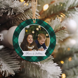 Buffalo Plaid Double Sided Personalized Photo Ceramic Ornament
