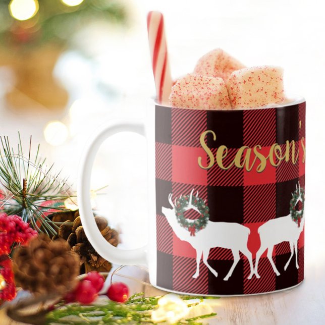 Buffalo Plaid Elk Silhouettes Christmas Wreath Coffee Mug (Creator Uploaded)