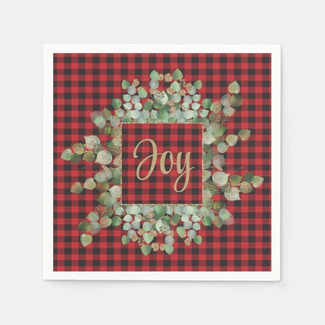 Buffalo Plaid Eucalyptus Christmas Joy Cocktail Napkins (Front)