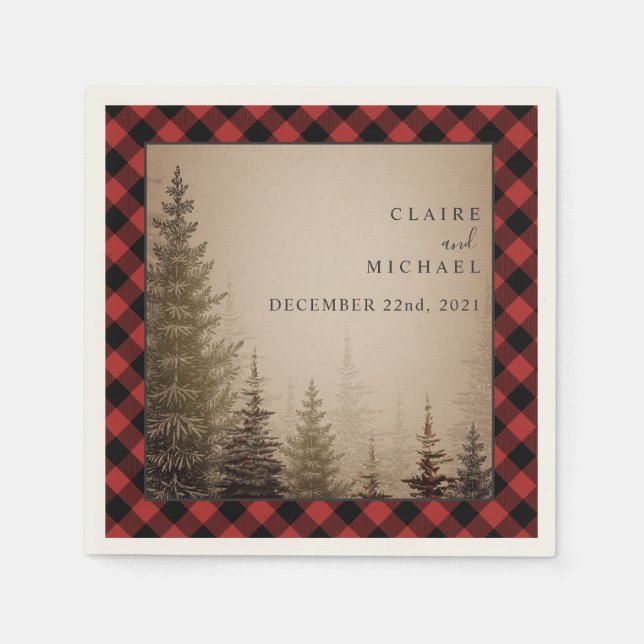 Buffalo Plaid Evergreen Trees Wedding Napkins (Front)