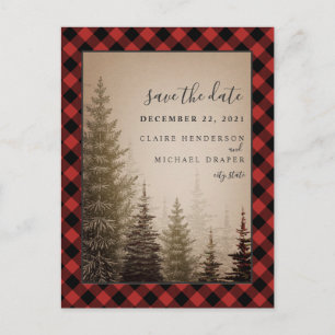 Buffalo Plaid Evergreen Wedding Save The Date Announcement Postcard