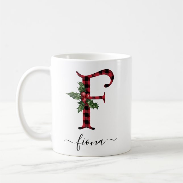 Buffalo Plaid F Monogram Christmas Coffee Mug (Left)