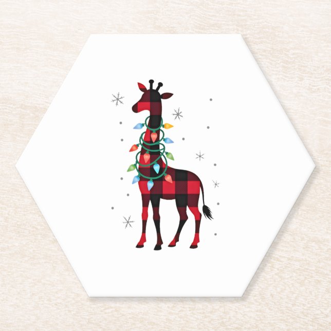 Buffalo Plaid Family Matching Giraffe Christmas Pa Paper Coaster (Front)