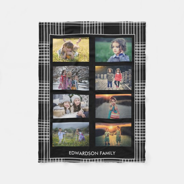 Buffalo plaid family photo collage monogram name fleece blanket (Front)